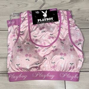 NWT Playboy purple and white plaid bra and boyshort set with bunny logos size la